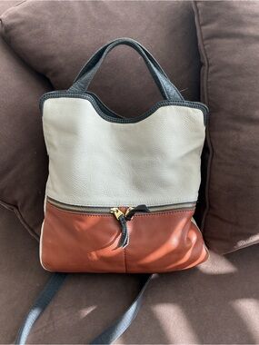 Fossil ERIN Ivory/Tan/Black Leather Hobo Satchel Bag